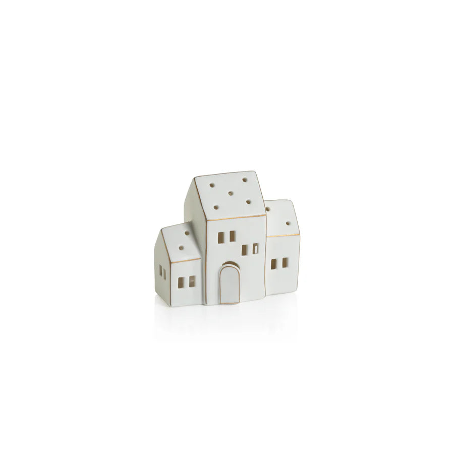 Small Zermatt LED Porcelain House - White w/Gold Trim