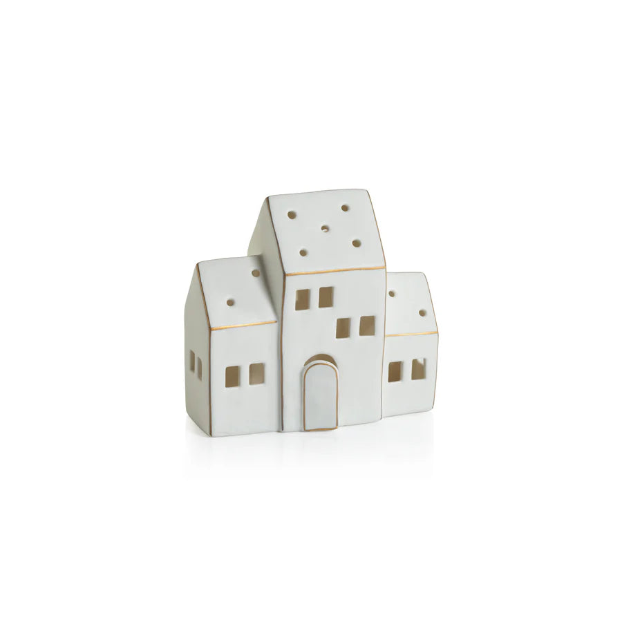 Medium Zermatt LED Porcelain House - White w/Gold Trim