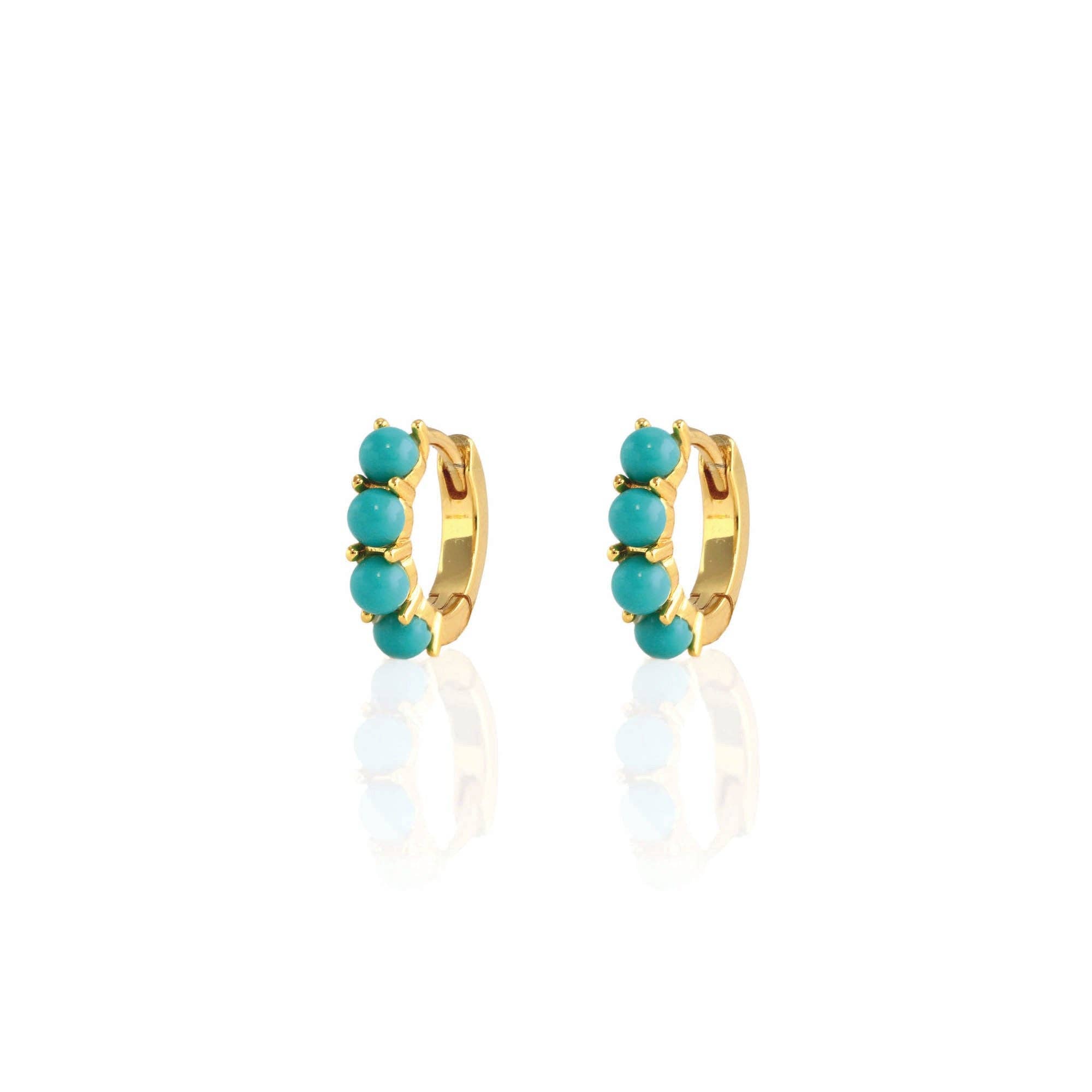 Turquoise Huggie Hoop Earrings 18K Gold Vermeil 13mm Hoops 3mm Stones Hinge Closure Nickel Free Hypoallergenic Ships from CA