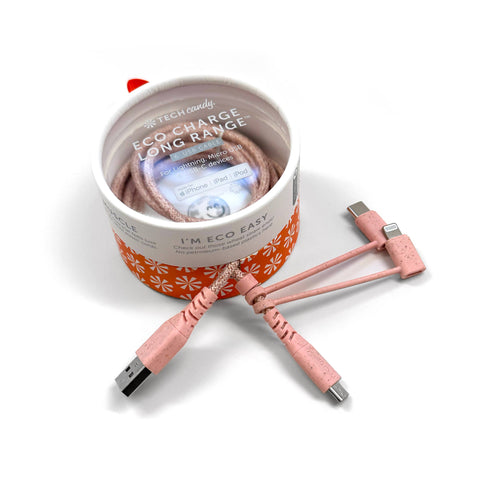 ECO CHARGE LONG RANGE™ 6’ WOVEN USB CABLE (3 Tip): ROSE/PINK